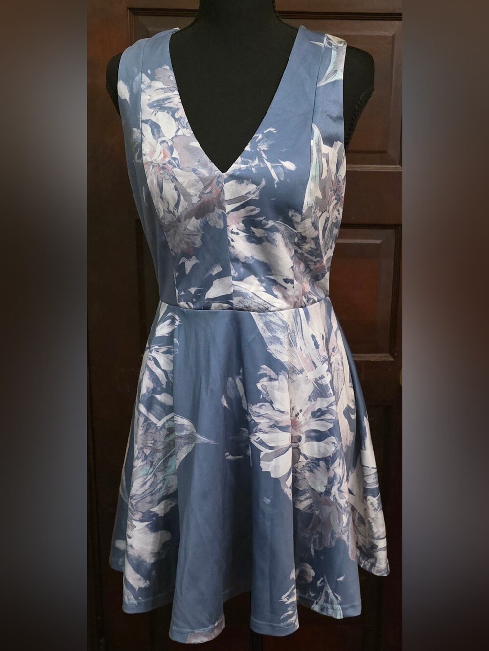 Papaya Dusty Blue Floral V-Neck Fit-and-Flare Dress